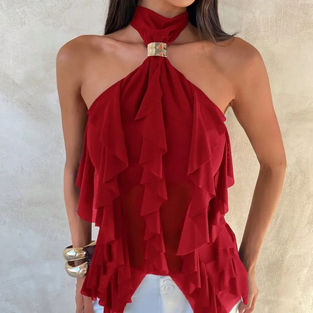 Red Casual Women's Elegant Multi-Layer Ruffle Trim Stand Collar Fitted Tank Top - Picture 5 of 8